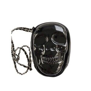 Skull Purse Crossbody Chain Link Strap Black Patent Leather